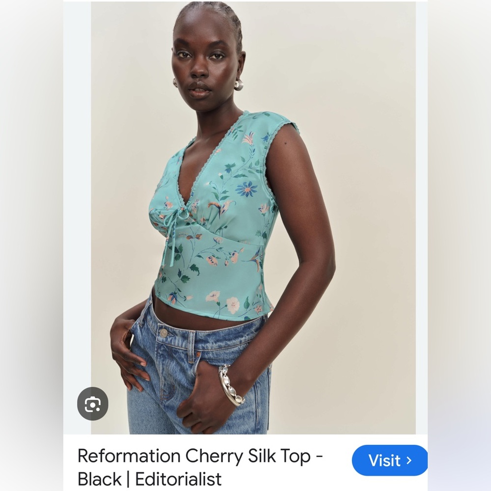 Reformation Teal Floral V-Neck Blouse